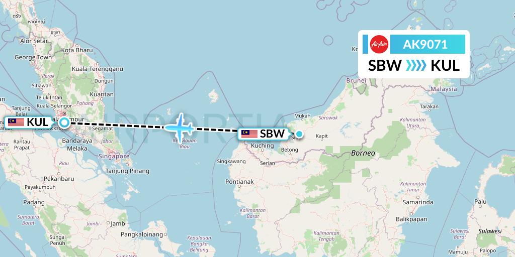 AK9071 AirAsia Flight Map: Sibu to Kuala Lumpur