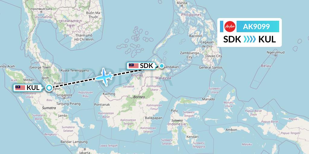 AK9099 AirAsia Flight Map: Sandakan to Kuala Lumpur