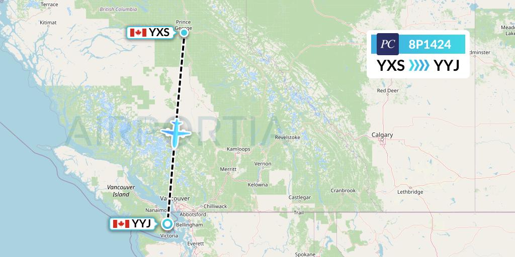 8P1424 Pacific Coastal Airlines Flight Map: Prince George to Victoria
