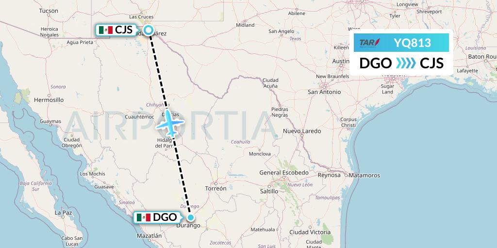 YQ813 TAR Aerolineas Flight Map: Durango to Ciudad Juarez