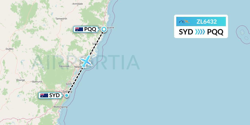 ZL6432 Regional Express Flight Map: Sydney to Port Macquarie