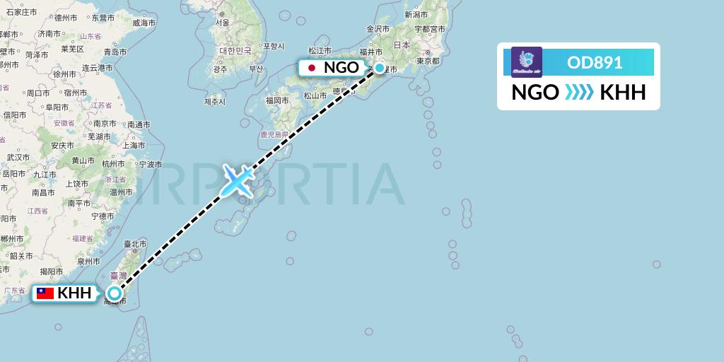 OD891 Batik Air Malaysia Flight Map: Nagoya to Kaohsiung
