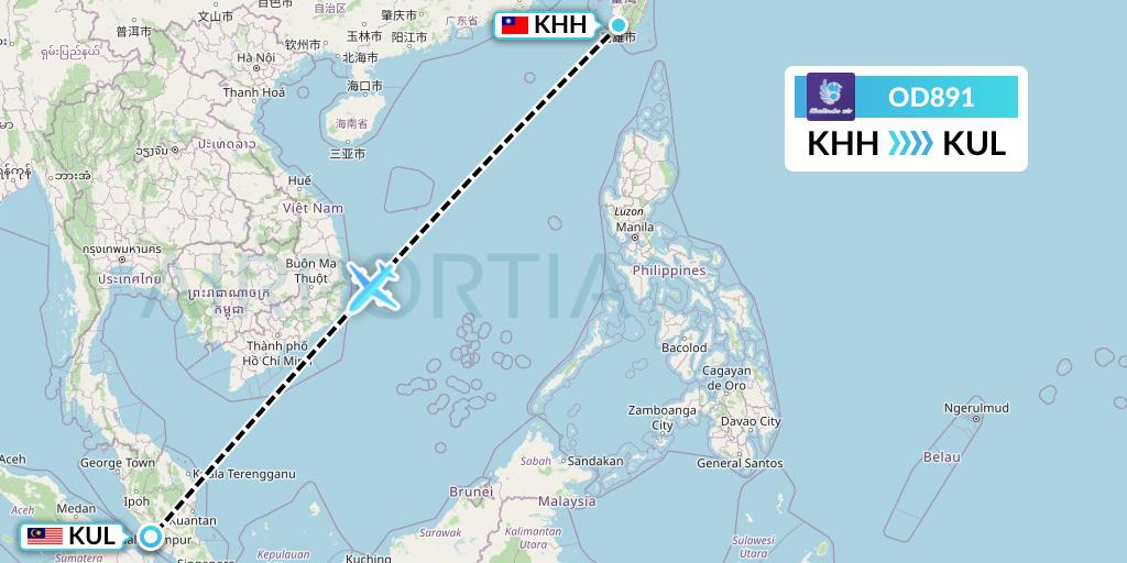 OD891 Batik Air Malaysia Flight Map: Kaohsiung to Kuala Lumpur