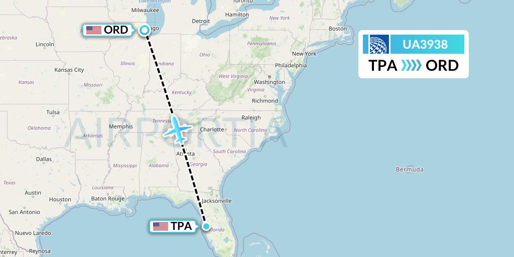 UA3938 United Airlines Flight Map: Tampa to Chicago