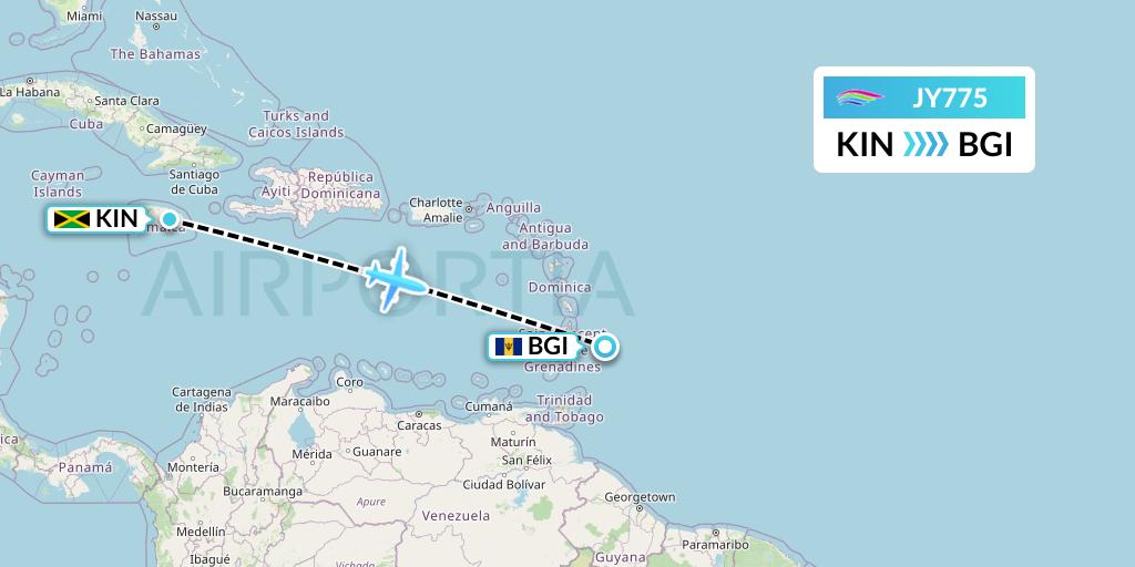 JY775 InterCaribbean Airways Flight Map: Kingston to Bridgetown