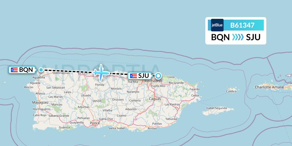 B61347 JetBlue Airways Flight Map: Aguadilla to San Juan