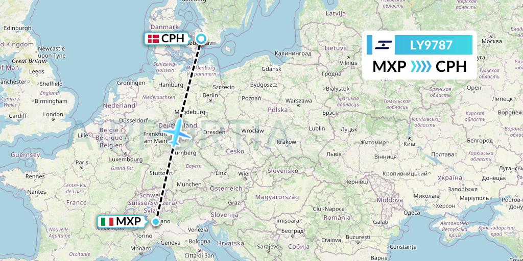 LY9787 El Al Flight Map: Milan to Copenhagen