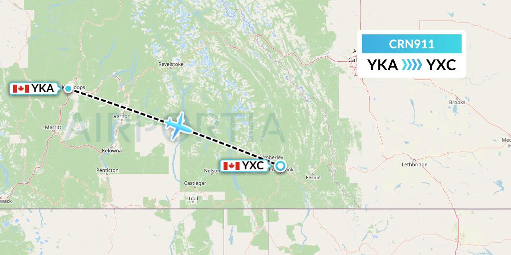 CRN911 Aerocaribbean Flight Map: Kamloops to Cranbrook