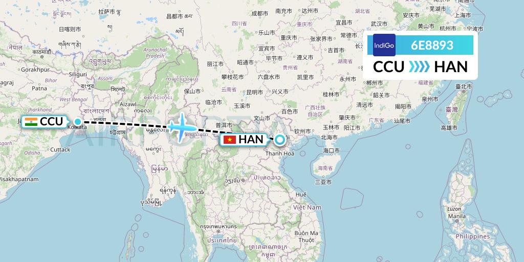 6E8893 IndiGo Airlines Flight Map: Kolkata to Hanoi