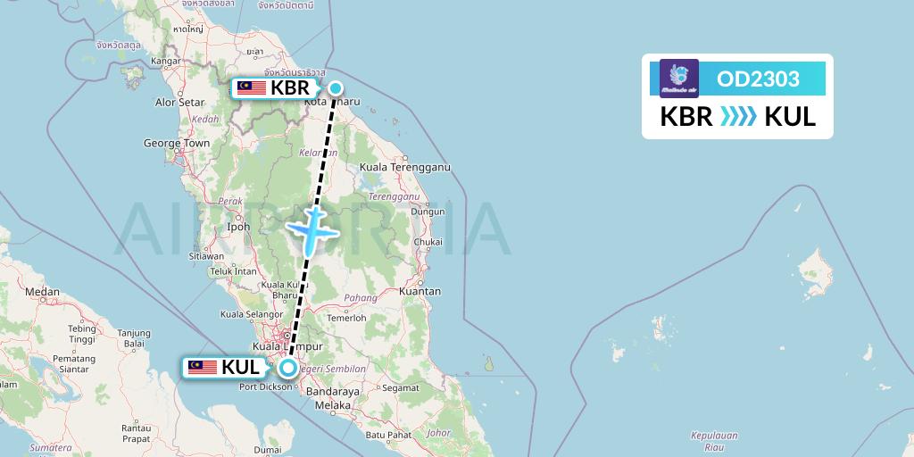 OD2303 Batik Air Malaysia Flight Map: Kota Bharu to Kuala Lumpur