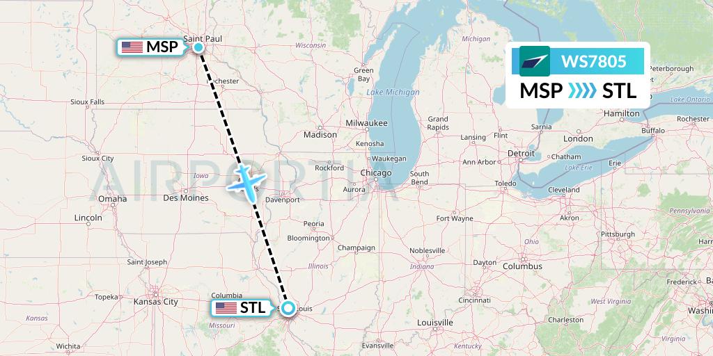 WS7805 WestJet Flight Map: Minneapolis to St. Louis