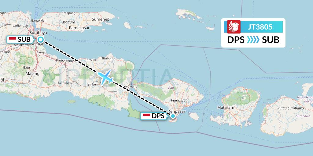 JT3805 Lion Airlines Flight Map: Denpasar to Surabaya