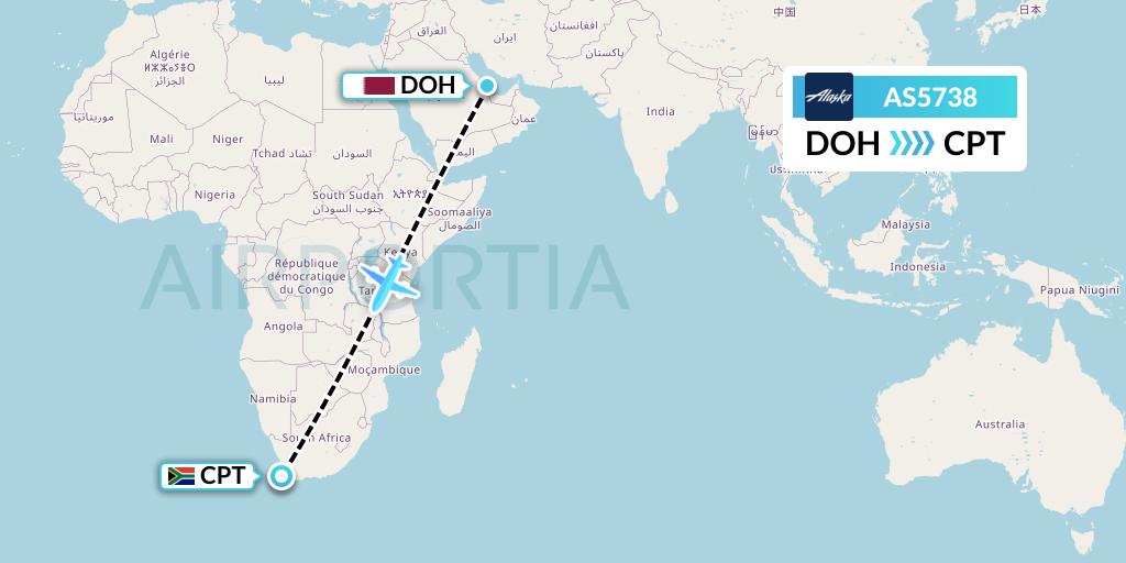 AS5738 Alaska Airlines Flight Map: Doha to Cape Town