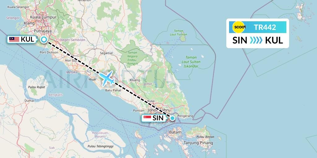 TR442 Tigerair Flight Map: Singapore to Kuala Lumpur