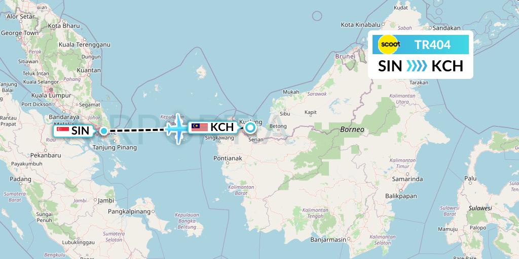 TR404 Tigerair Flight Map: Singapore to Kuching