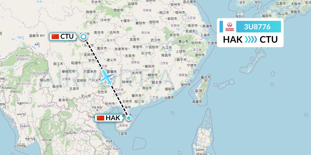 3U8776 Sichuan Airlines Flight Map: Haikou to Chengdu