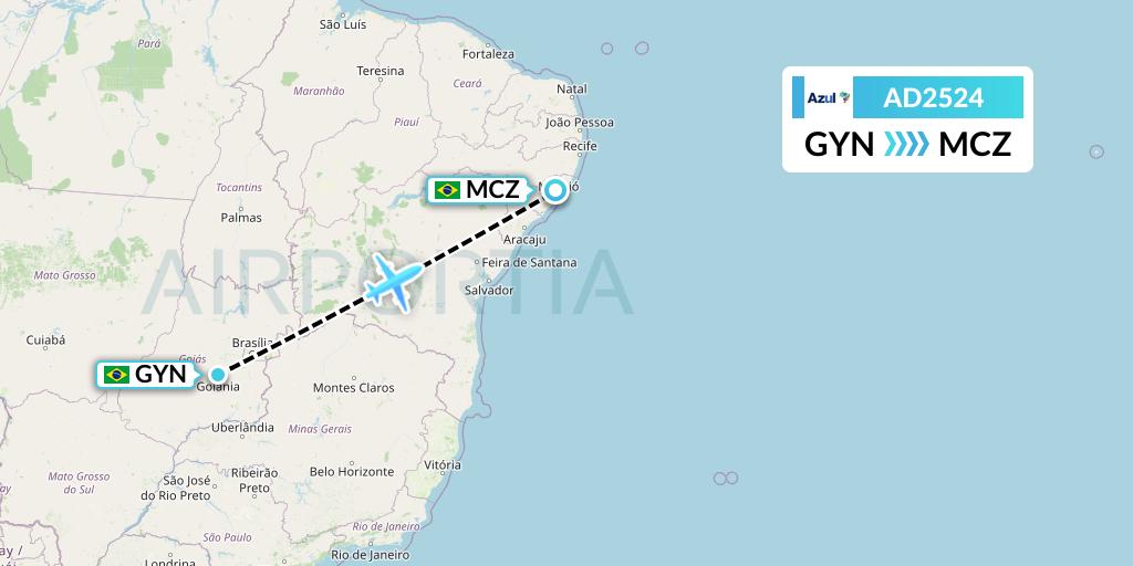 AD2524 Azul Brazilian Airlines Flight Map: Goiania to Maceio