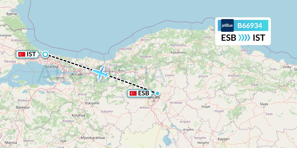 B66934 JetBlue Airways Flight Map: Ankara to Istanbul