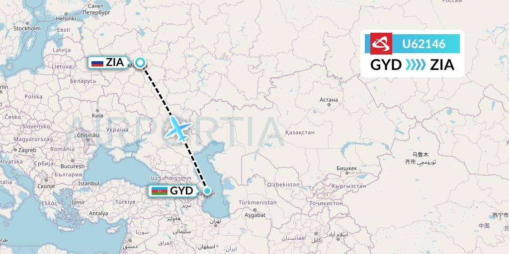 U62146 Ural Airlines Flight Map: Baku to Moscow