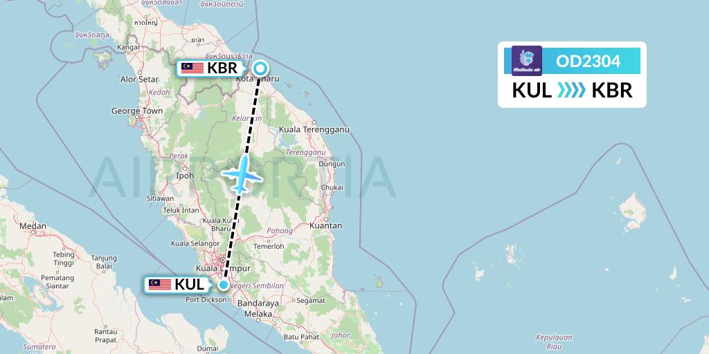 OD2304 Batik Air Malaysia Flight Map: Kuala Lumpur to Kota Bharu