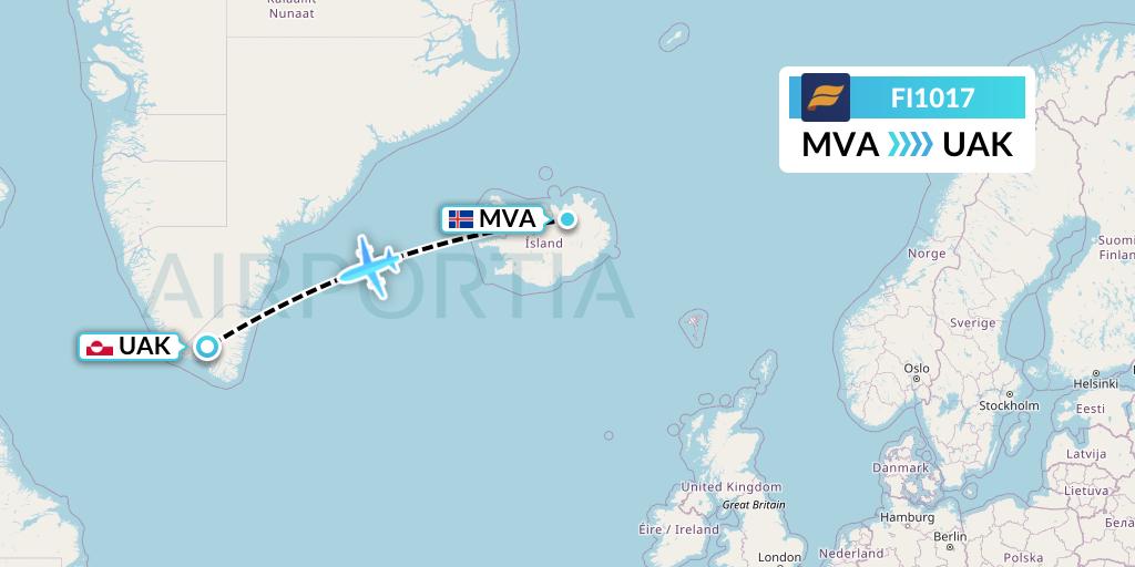 FI1017 Icelandair Flight Map: Myvatn to Narsarsuaq