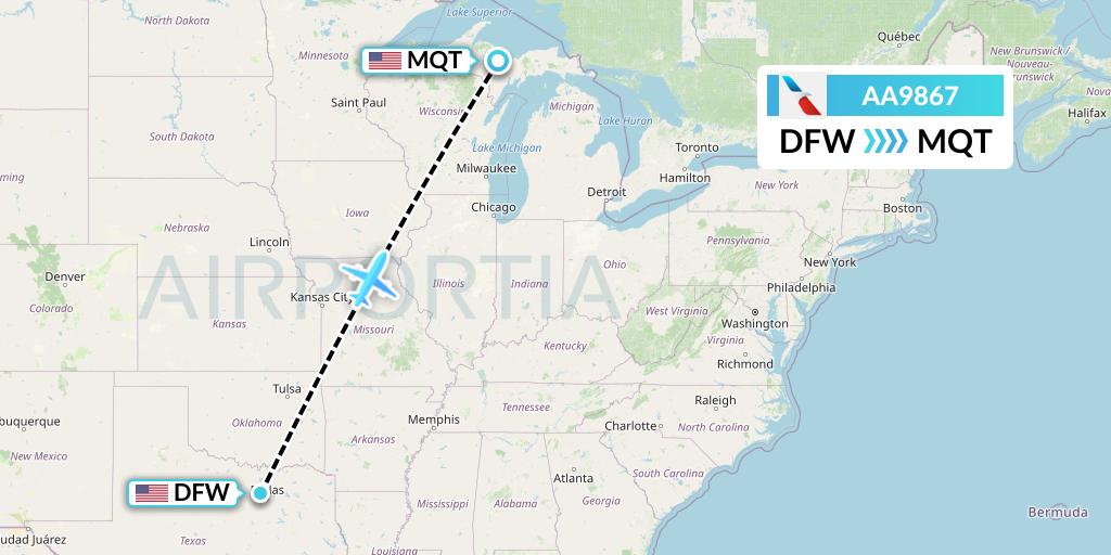 AA9867 American Airlines Flight Map: Dallas to Marquette