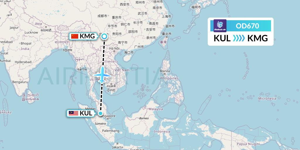 OD670 Batik Air Malaysia Flight Map: Kuala Lumpur to Kunming