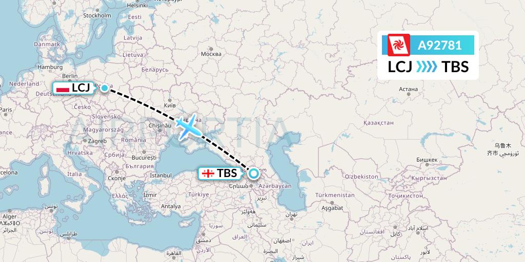 A92781 Georgian Airways Flight Map: Lodz to Tbilisi