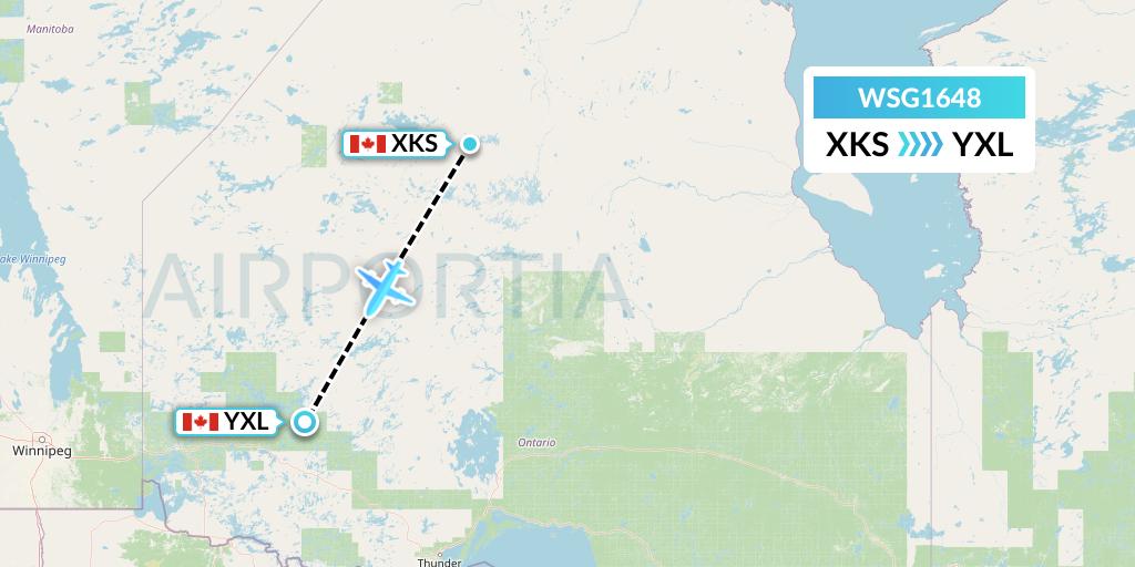 WSG1648 Wasaya Airways Flight Map: Kasabonika to Sioux Lookout