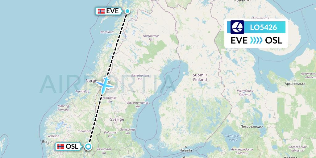 LO5426 LOT Flight Map: Harstad to Oslo