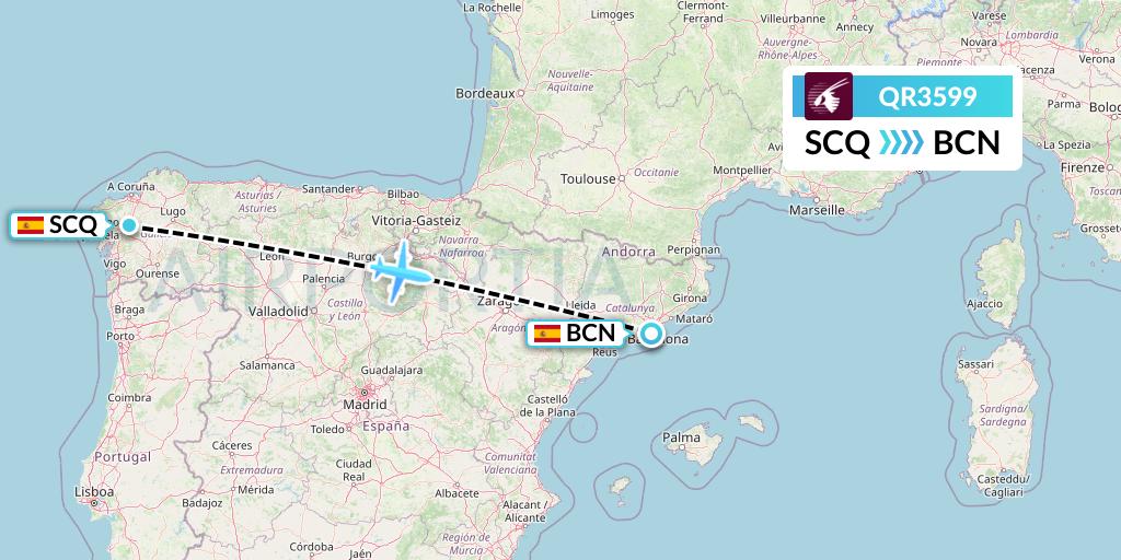 QR3599 Qatar Airways Flight Map: Santiago to Barcelona