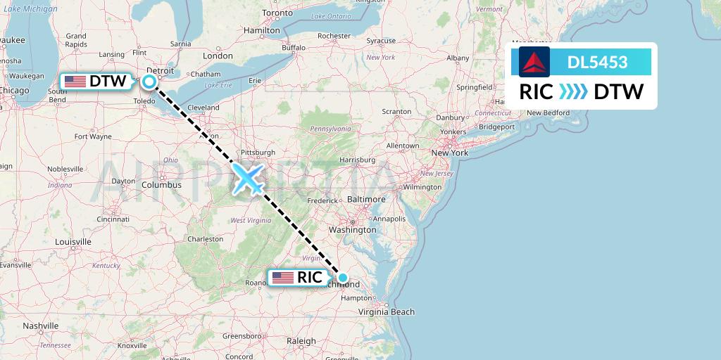 DL5453 Delta Air Lines Flight Map: Richmond to Detroit