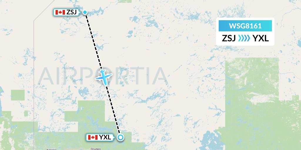 WSG8161 Wasaya Airways Flight Map: Sandy Lake to Sioux Lookout