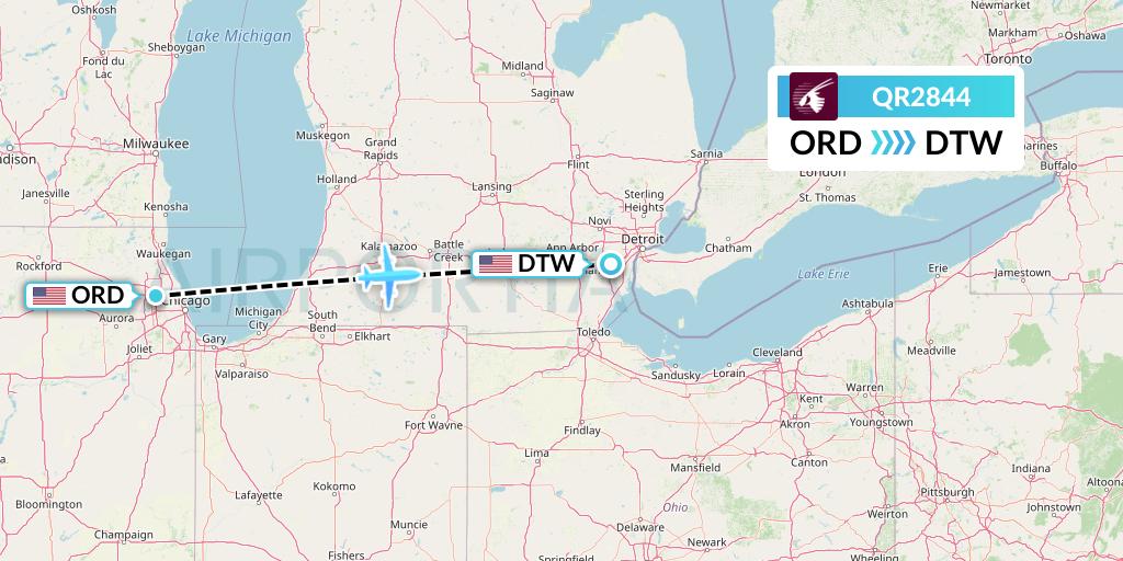 QR2844 Qatar Airways Flight Map: Chicago to Detroit