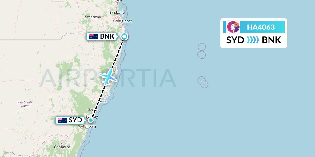 HA4063 Hawaiian Airlines Flight Map: Sydney to Ballina