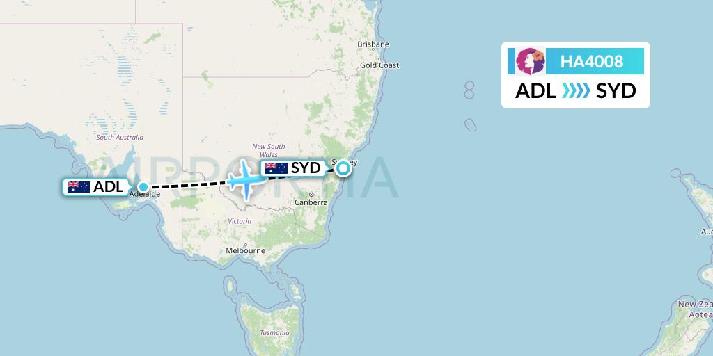 HA4008 Hawaiian Airlines Flight Map: Adelaide to Sydney