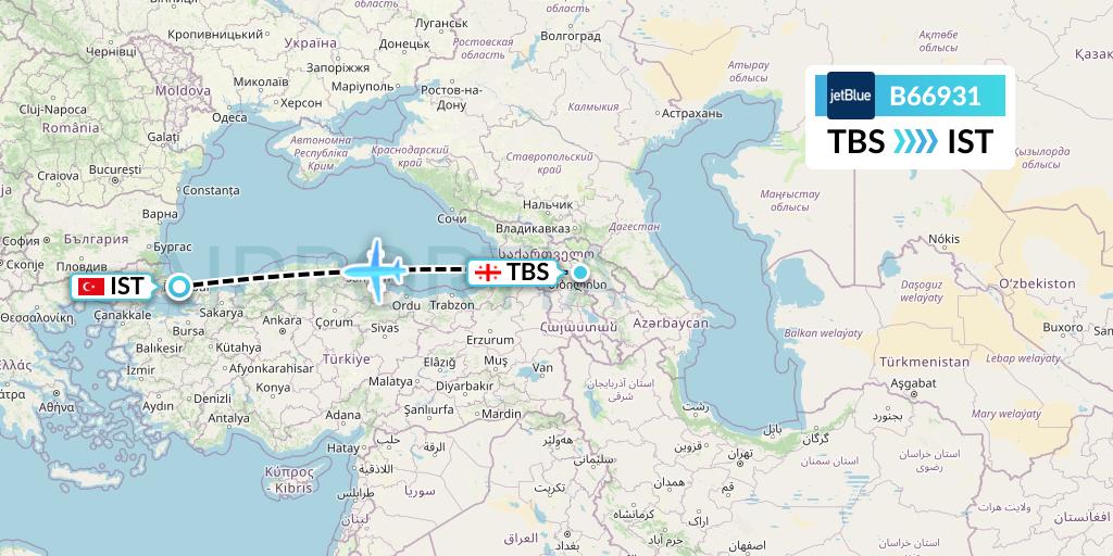 B66931 JetBlue Airways Flight Map: Tbilisi to Istanbul