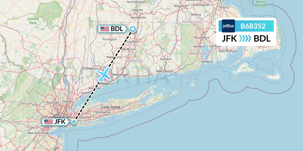 B68352 JetBlue Airways Flight Map: New York to Windsor Locks