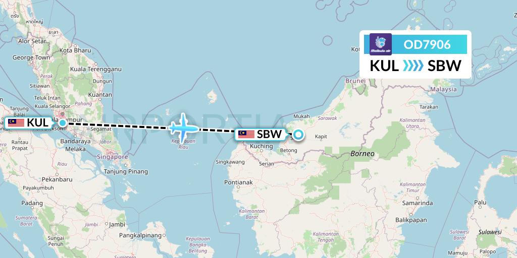 OD7906 Batik Air Malaysia Flight Map: Kuala Lumpur to Sibu