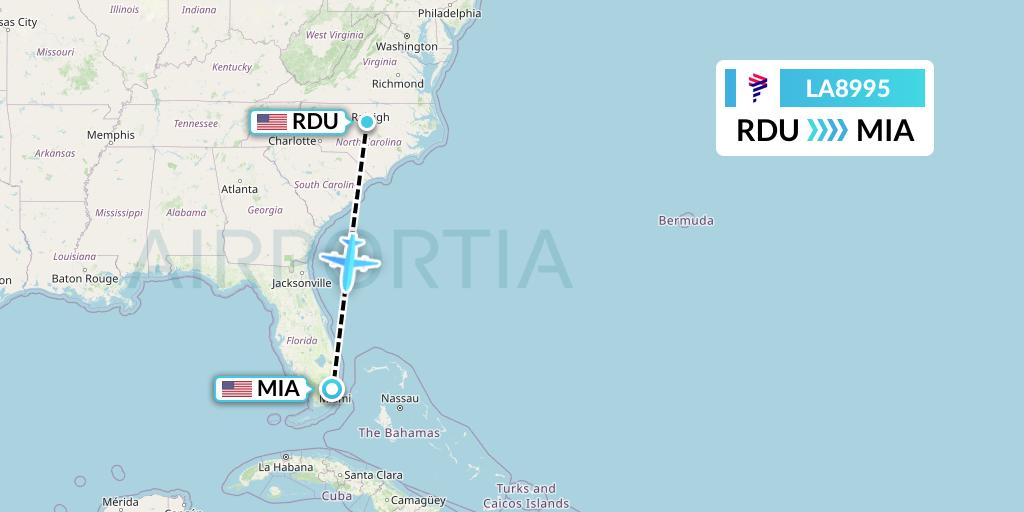 LA8995 LAN Airlines Flight Map: Raleigh-Durham to Miami