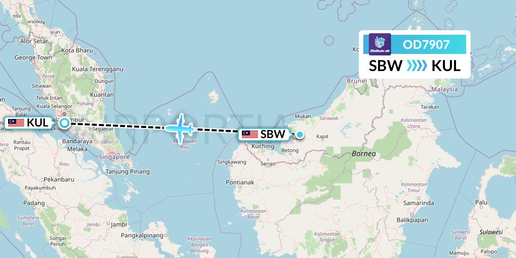 OD7907 Batik Air Malaysia Flight Map: Sibu to Kuala Lumpur