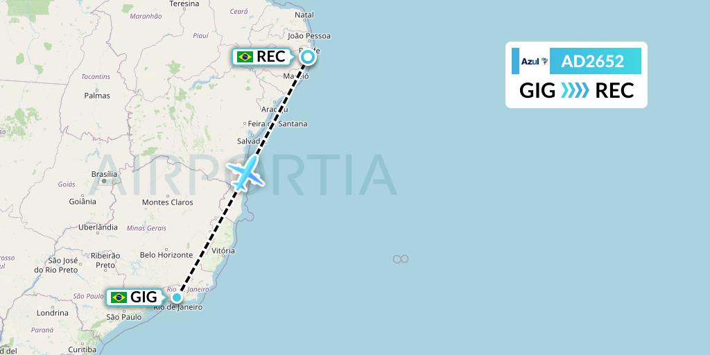 AD2652 Azul Brazilian Airlines Flight Map: Rio de Janeiro to Recife