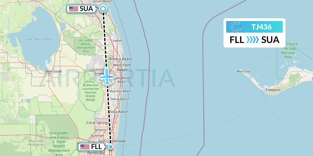 TJ436 Tradewind Aviation Flight Map: Fort Lauderdale to Stuart