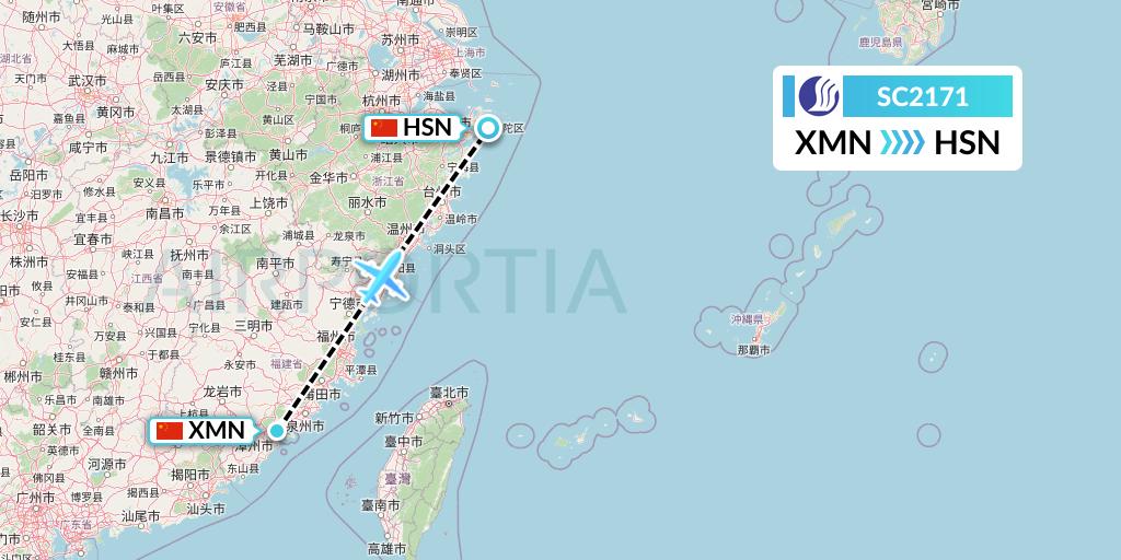 SC2171 Shandong Airlines Flight Map: Xiamen to Zhoushan