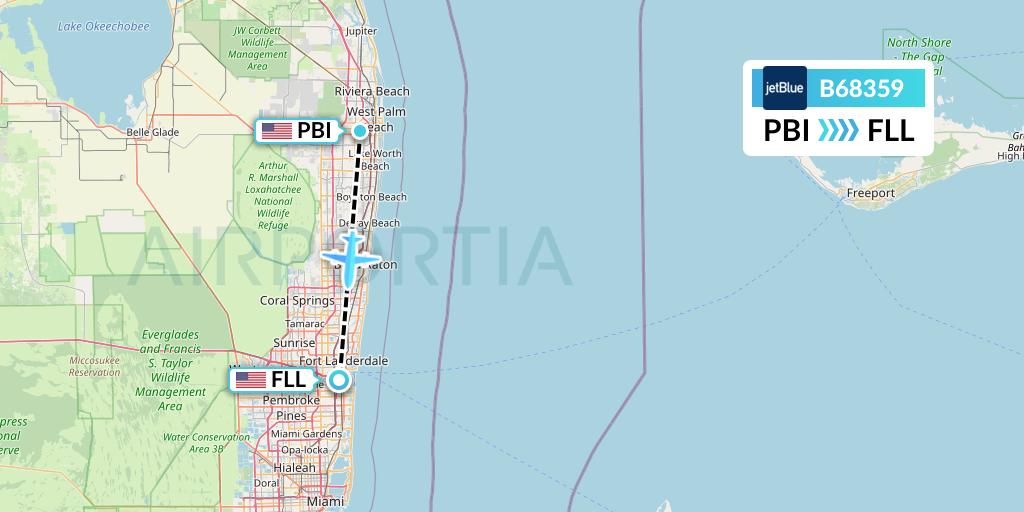 B68359 JetBlue Airways Flight Map: West Palm Beach to Fort Lauderdale