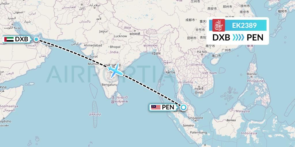 EK2389 Emirates Flight Map: Dubai to Penang