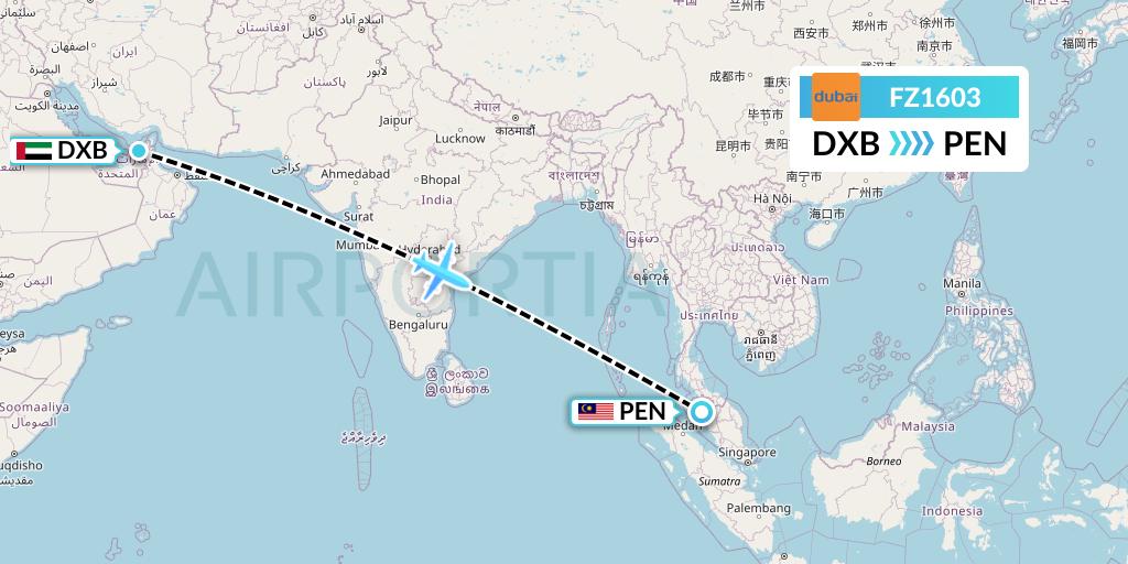 FZ1603 FlyDubai Flight Map: Dubai to Penang