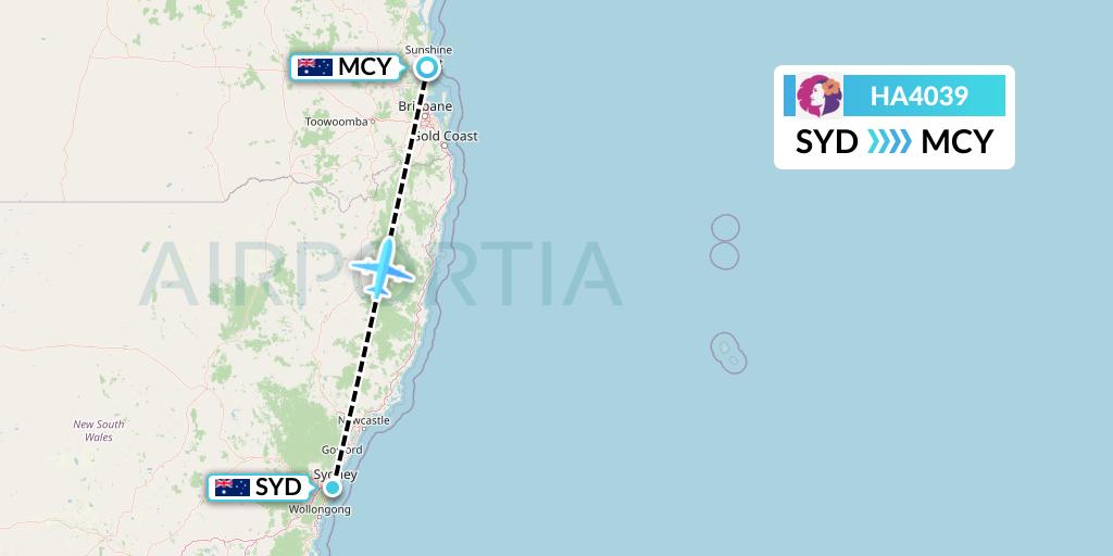 HA4039 Hawaiian Airlines Flight Map: Sydney to Sunshine Coast