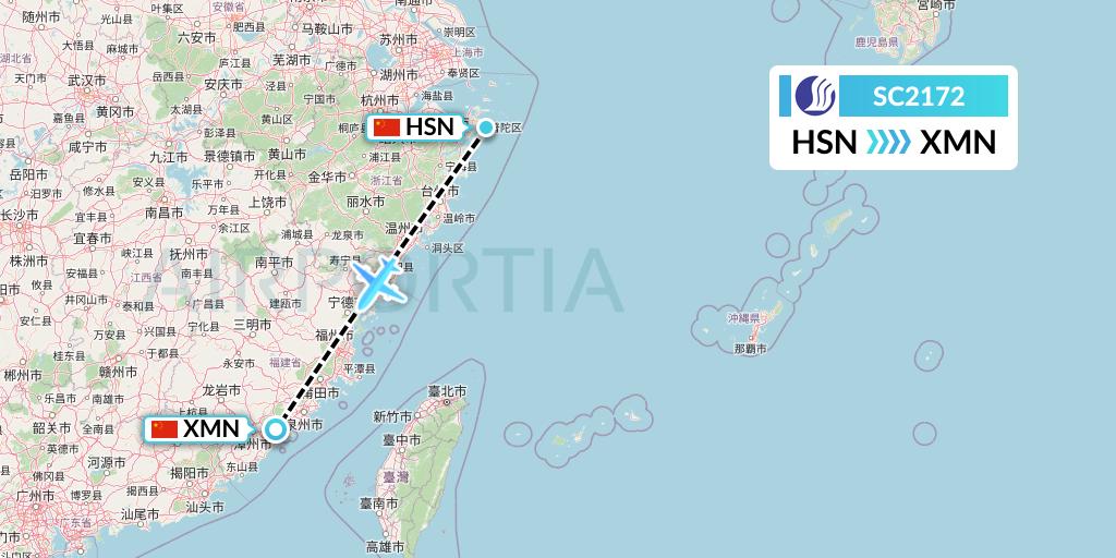 SC2172 Shandong Airlines Flight Map: Zhoushan to Xiamen