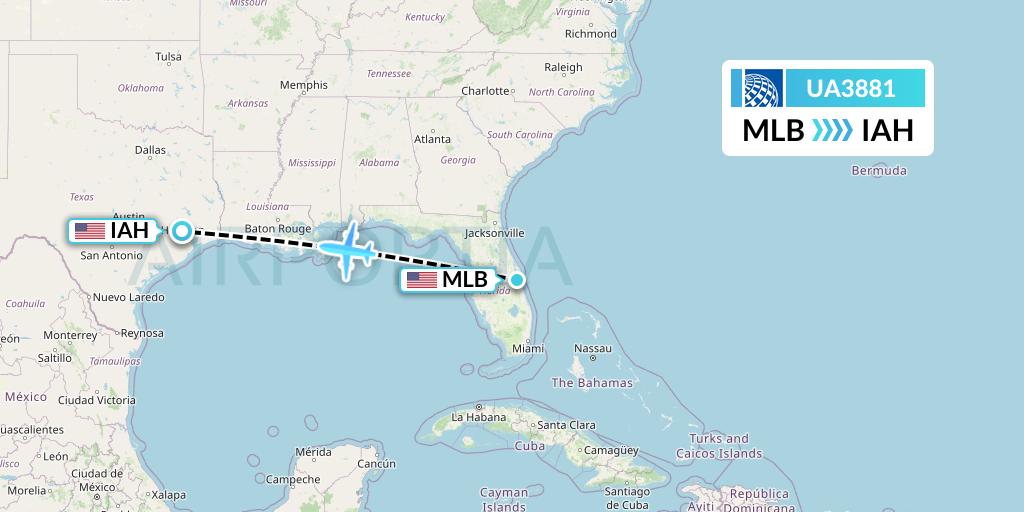 UA3881 United Airlines Flight Map: Melbourne to Houston